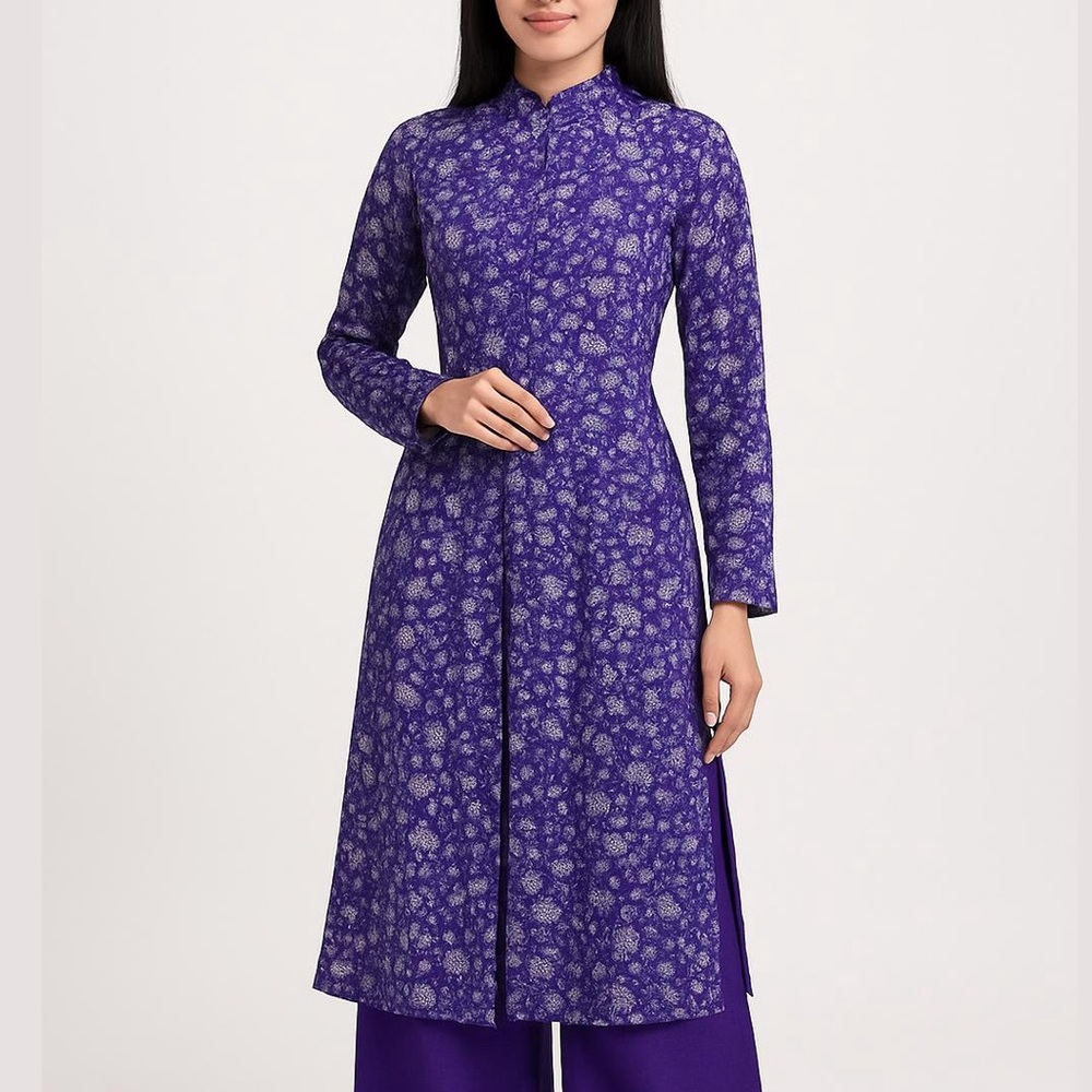 Purple White Floral Ao Dai Top And Pants Set of 2
